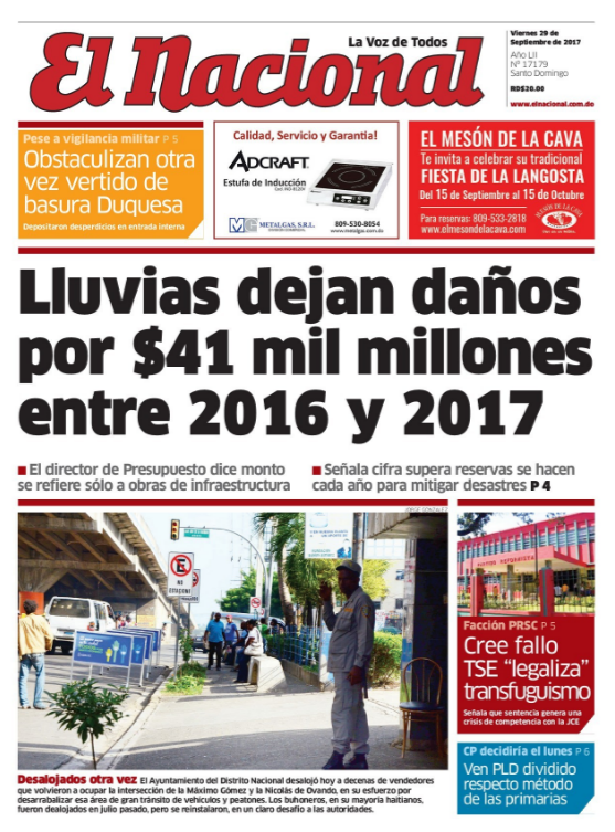 Portada Periódico El Nacional, Viernes 29 de Septiembre 2017