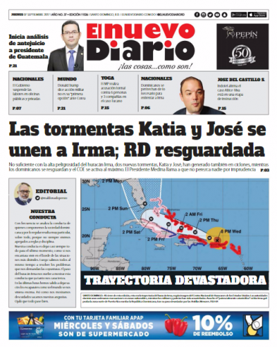 Portada Periódico El Nuevo Diario, Jueves 07 de Septiembre 2017