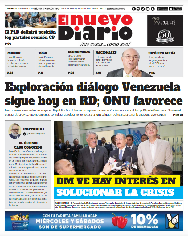 Portada Periódico El Nuevo Diario, Jueves 14 de Septiembre 2017