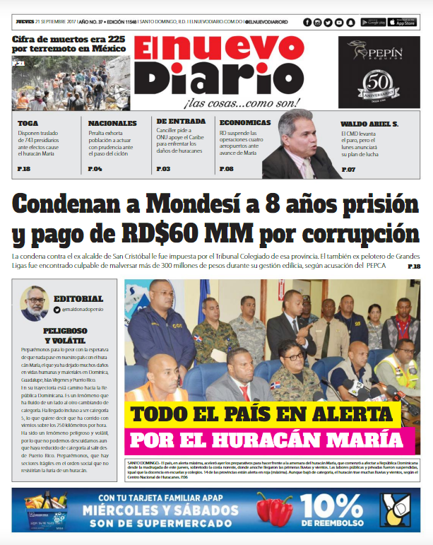 Portada Periódico El Nuevo Diario, Jueves 21 de Septiembre 2017