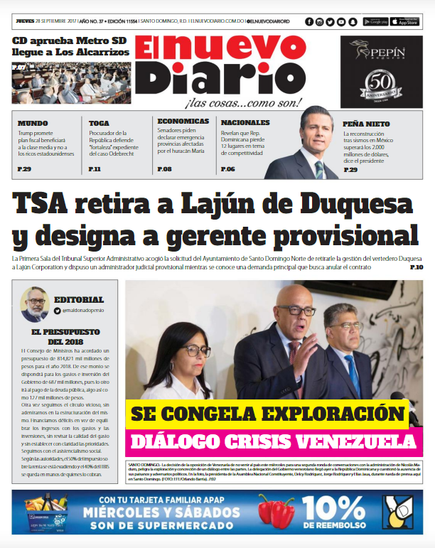 Portada Periódico El Nuevo Diario, Jueves 28 de Septiembre 2017
