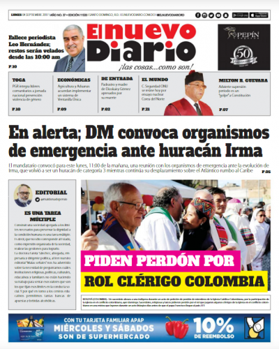 Portada Periódico El Nuevo Diario, Lunes 04 de Septiembre 2017
