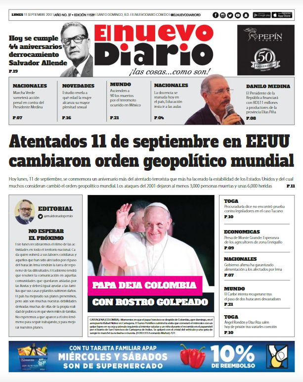 Portada Periódico El Nuevo Diario, Lunes 11 de Septiembre 2017