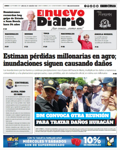 Portada Periódico El Nuevo Diario, Lunes 25 de Septiembre 2017