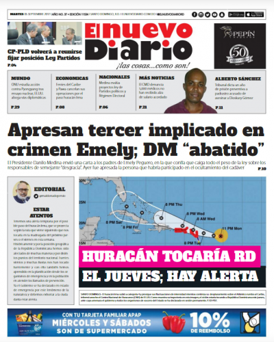 Portada Periódico El Nuevo Diario, Martes 05 de Septiembre 2017