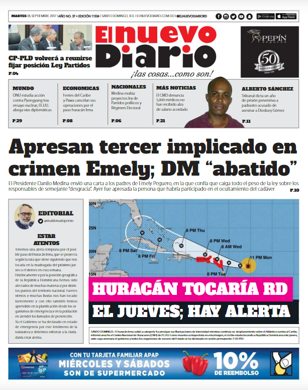 Portada Periódico El Nuevo Diario, Martes 05 de Septiembre 2017