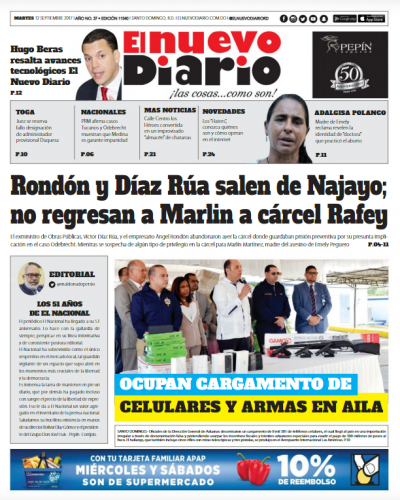 Portada Periódico El Nuevo Diario, Martes 12 de Septiembre 2017