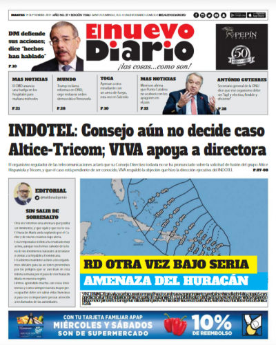 Portada Periódico El Nuevo Diario, Martes 19 de Septiembre 2017
