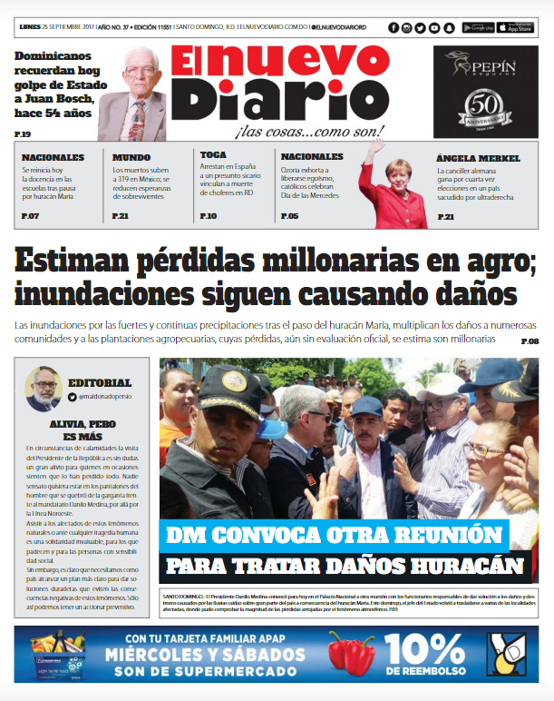 Portada Periódico El Nuevo Diario, Martes 26 de Septiembre 2017
