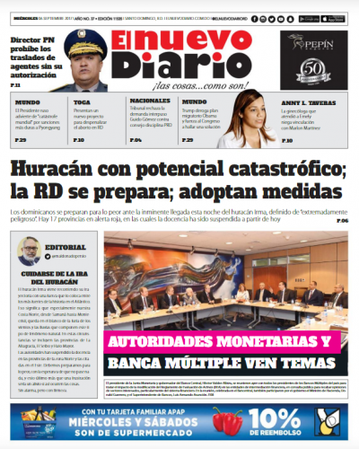 Portada Periódico El Nuevo Diario, Miércoles 06 de Septiembre 2017