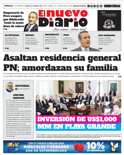 Portada Periódico El Nuevo Diario, Miércoles 13 de Septiembre 2017