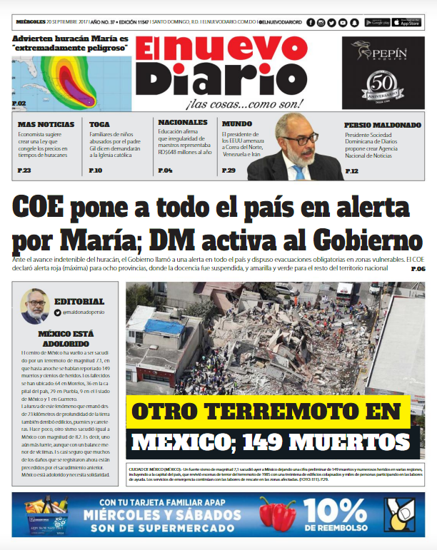 Portada Periódico El Nuevo Diario, Miércoles 20 de Septiembre 2017