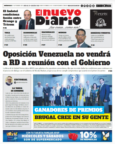 Portada Periódico El Nuevo Diario, Miércoles 27 de Septiembre 2017