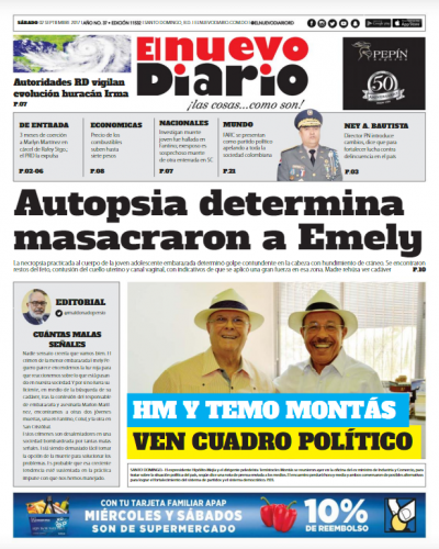 Portada Periódico El Nuevo Diario, Sábado 02 de Septiembre 2017