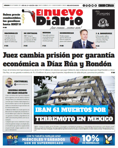 Portada Periódico El Nuevo Diario, Sábado 09 de Septiembre 2017
