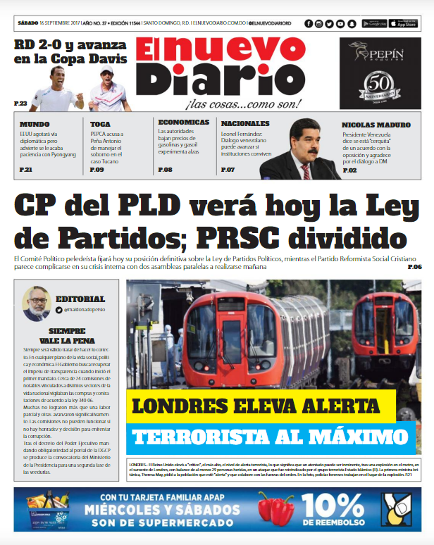 Portada Periódico El Nuevo Diario, Sábado 16 de Septiembre 2017
