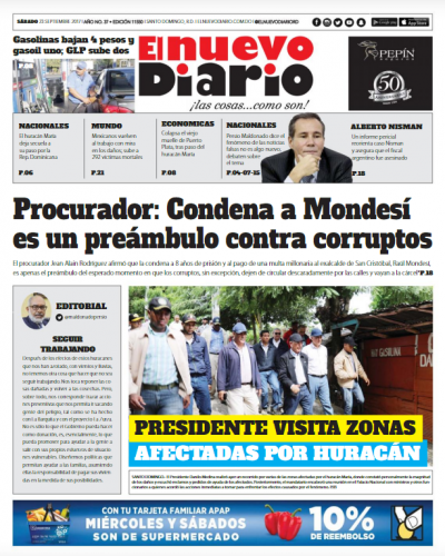 Portada Periódico El Nuevo Diario, Sábado 23 de Septiembre 2017