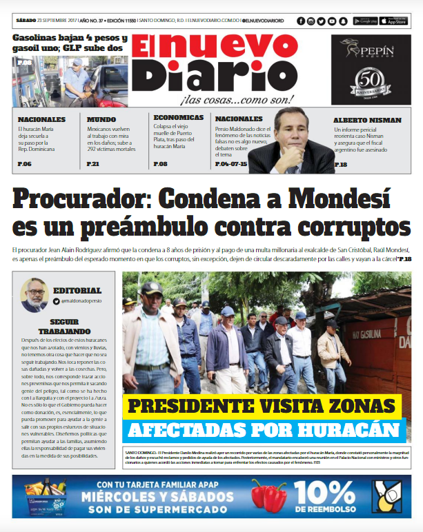 Portada Periódico El Nuevo Diario, Sábado 23 de Septiembre 2017