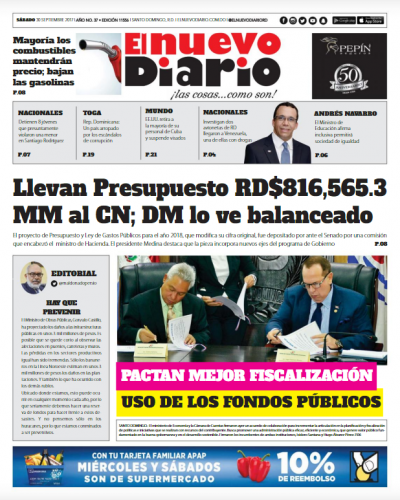 Portada Periódico El Nuevo Diario, Sábado 30 de Septiembre 2017