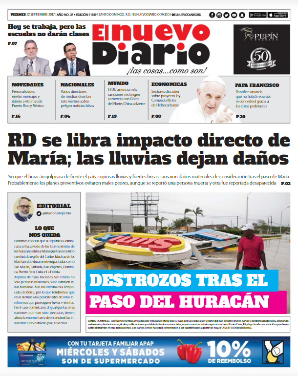 Portada Periódico El Nuevo Diario, Viernes 22 de Septiembre 2017