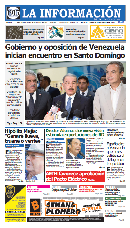 Portada Periódico La Información, Jueves 14 de Septiembre 2017