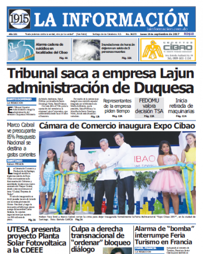 Portada Periódico La Información, Jueves 28 de Septiembre 2017