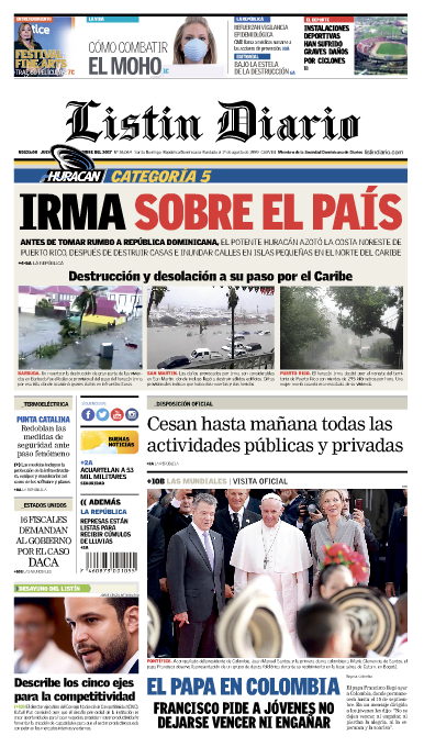 Portada Periódico Listín Diario, Jueves 07 de Septiembre 2017