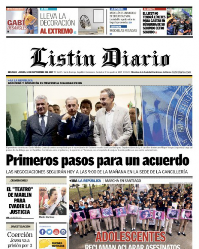 Portada Periódico Listín Diario, Jueves 14 de Septiembre 2017