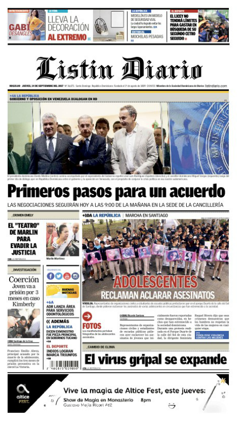 Portada Periódico Listín Diario, Jueves 14 de Septiembre 2017