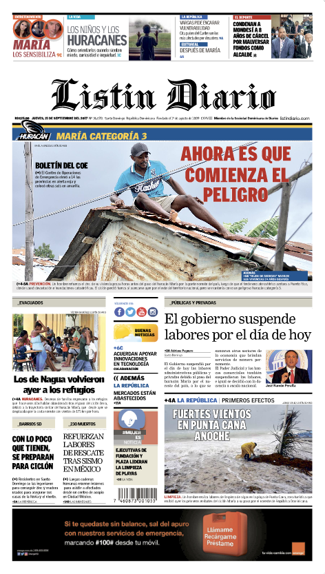 Portada Periódico Listín Diario, Jueves 21 de Septiembre 2017
