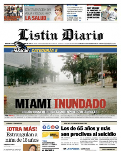Portada Periódico Listín Diario, Lunes 11 de Septiembre 2017