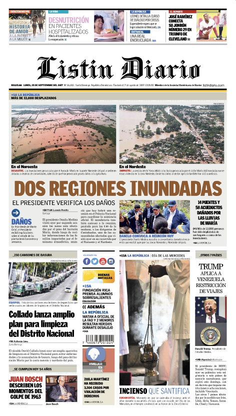 Portada Periódico Listín Diario, Lunes 25 de Septiembre 2017