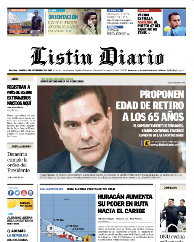 Portada Periódico Listín Diario, Martes 05 de Septiembre 2017
