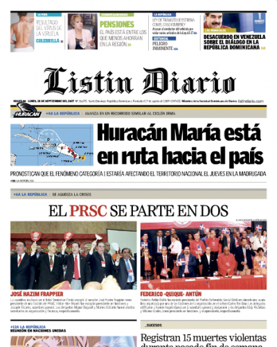Portada Periódico Listín Diario, Martes 19 de Septiembre 2017
