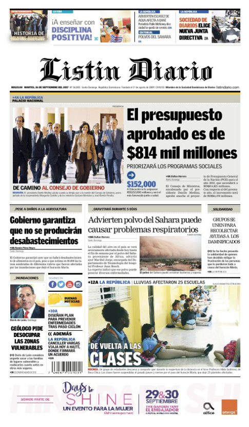 Portada Periódico Listín Diario, Martes 26 de Septiembre 2017