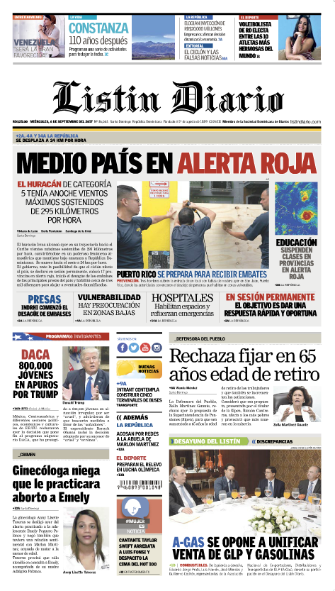 Portada Periódico Listín Diario, Miércoles 06 de Septiembre 2017