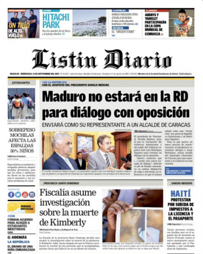 Portada Periódico Listín Diario, Miércoles 13 de Septiembre 2017