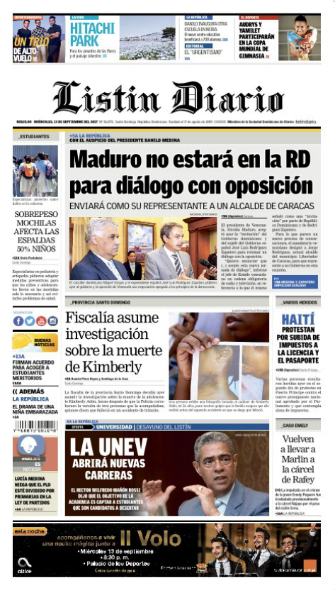 Portada Periódico Listín Diario, Miércoles 13 de Septiembre 2017