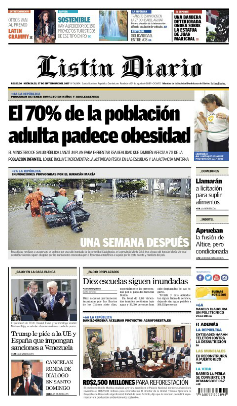 Portada Periódico Listín Diario, Miércoles 27 de Septiembre 2017