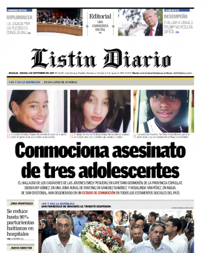Portada Periódico Listín Diario, Sábado 02 de Septiembre 2017