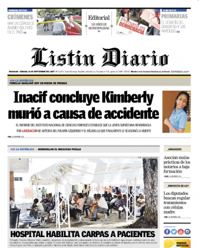 Portada Periódico Listín Diario, Sábado 16 de Septiembre 2017