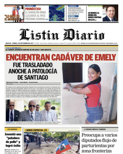 Portada Periódico Listín Diario, Viernes 01 de Septiembre 2017