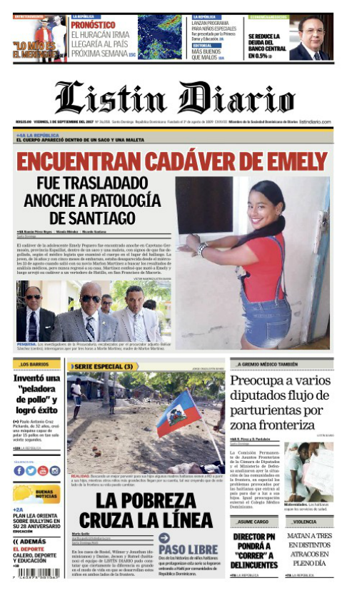 Portada Periódico Listín Diario, Viernes 01 de Septiembre 2017