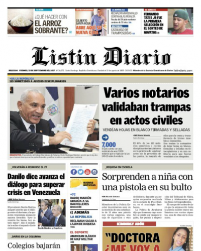 Portada Periódico Listín Diario, Viernes 15 de Septiembre 2017