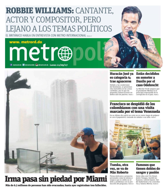 Portada Periódico Metro, Lunes 11 de Septiembre 2017