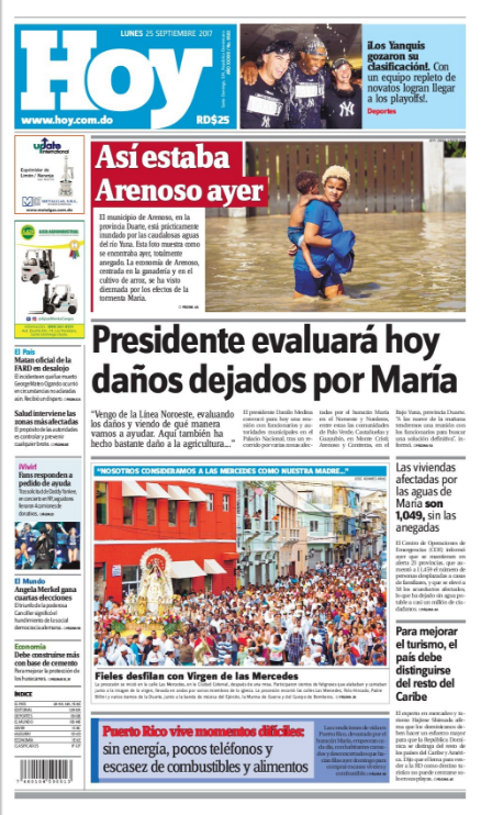 Portada Periódico Periódico Hoy, Lunes 25 de Septiembre 2017