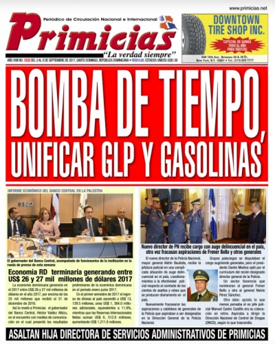 Portada Periódico Primicias, Lunes 04 de Septiembre 2017