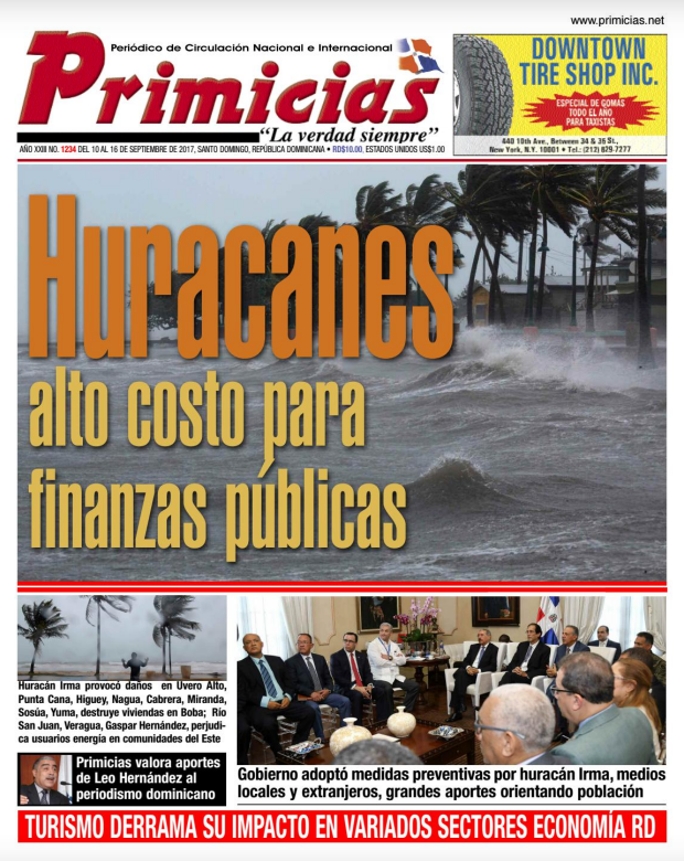 Portada Periódico Primicias, Lunes 11 de Septiembre 2017