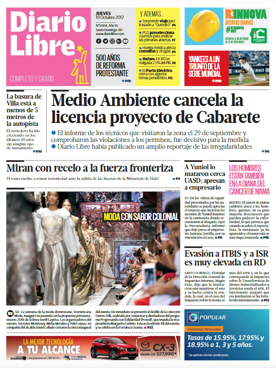 Portada Periódico Diario Libre, Jueves 19 de Octubre 2017