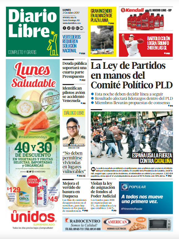 Portada Periódico Diario Libre, Lunes 02 de Octubre 2017